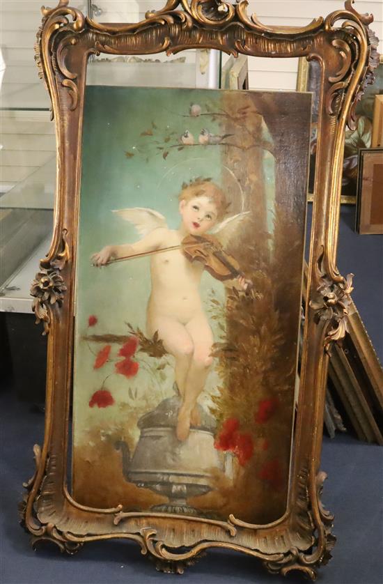 Viennese School c.1900 Cherub playing a violin 41 x 20.5in., ornate gilt gesso frame